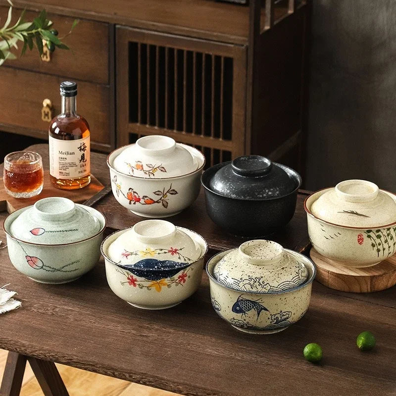 Japanese Instant Ramen Bowl with Lid 6.5inch Retro Ceramic Large Capacity Noodle Salad Soup Bowls Household Kitchen Tableware