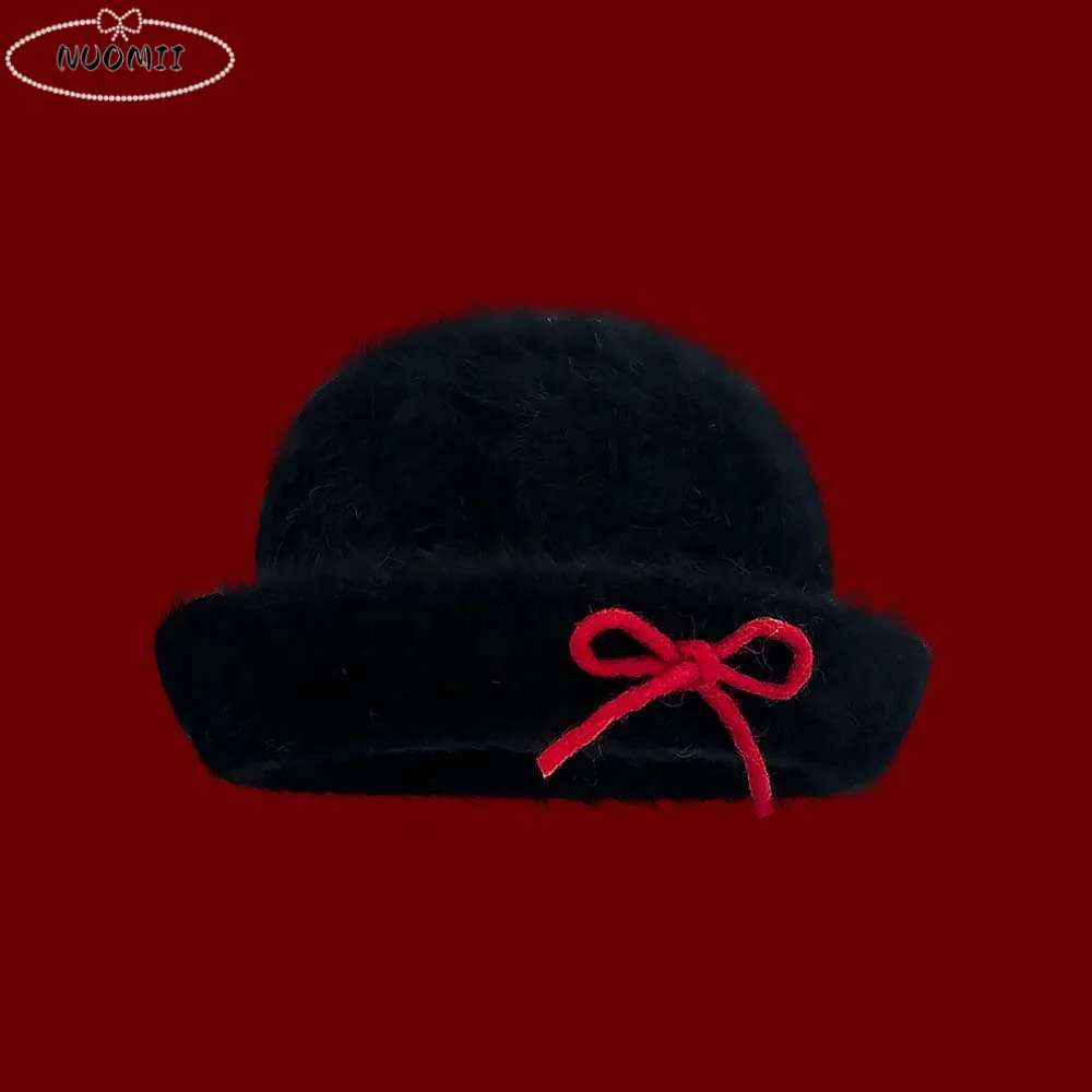 

Princess Hat Vintage Looking Black Bowler Hats Japanese Style Versatile Woolen Bucket Cap Plush Bow White Dome Hat Festival