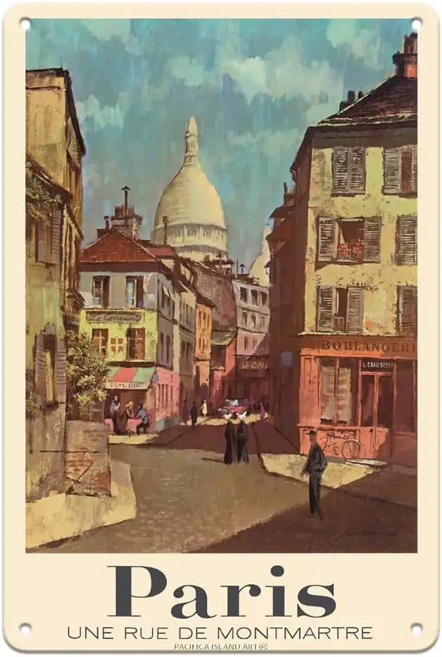 Pacifica Island Art Paris France - A Street of Montmartre - Vintage Travel Poster by Rod Rieder c.1950s - 8 x 12 inch Vintage Me