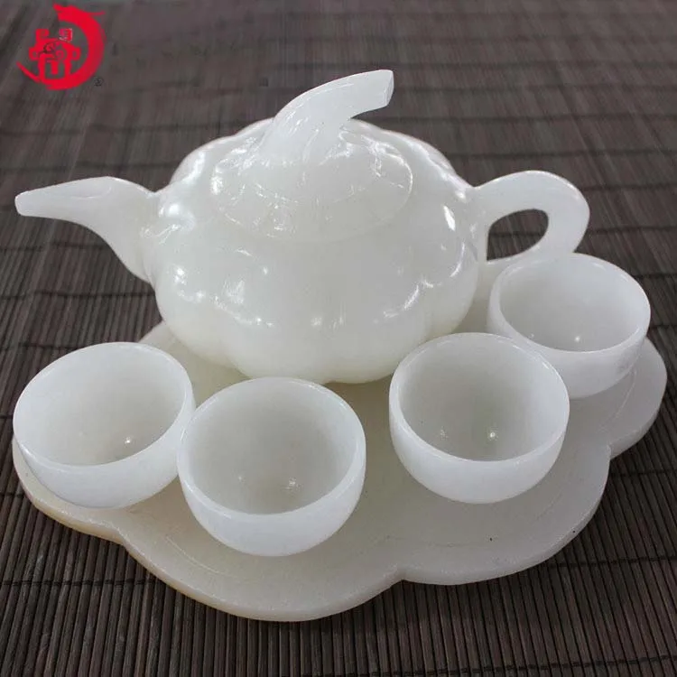 A set HOME OFFICE TOP Business Decorative Collection Auspicious  White Jade Teapot Cups Hand carving statue BEST present gift