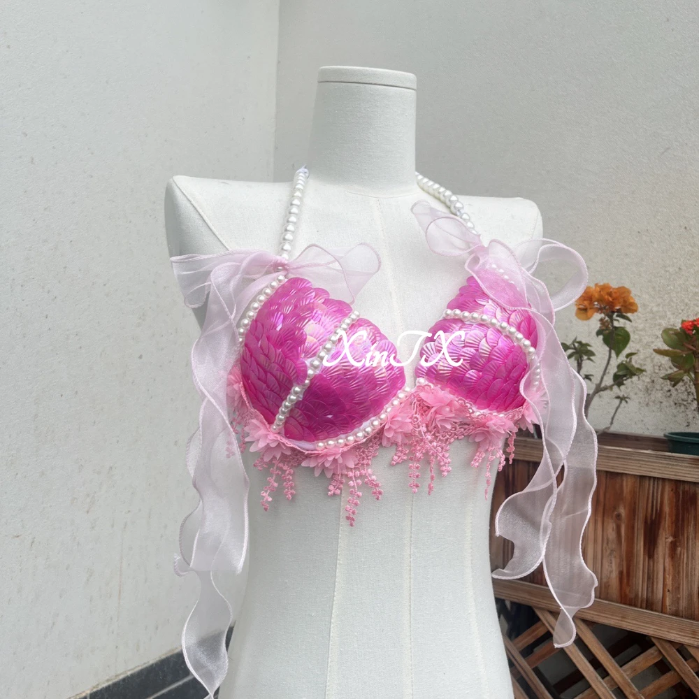 

sexy Bikini Mermaid Role Play Bra Aquarium Beach Corset Sequin Triangle Lace Up Bra Mermaid Performance Bra