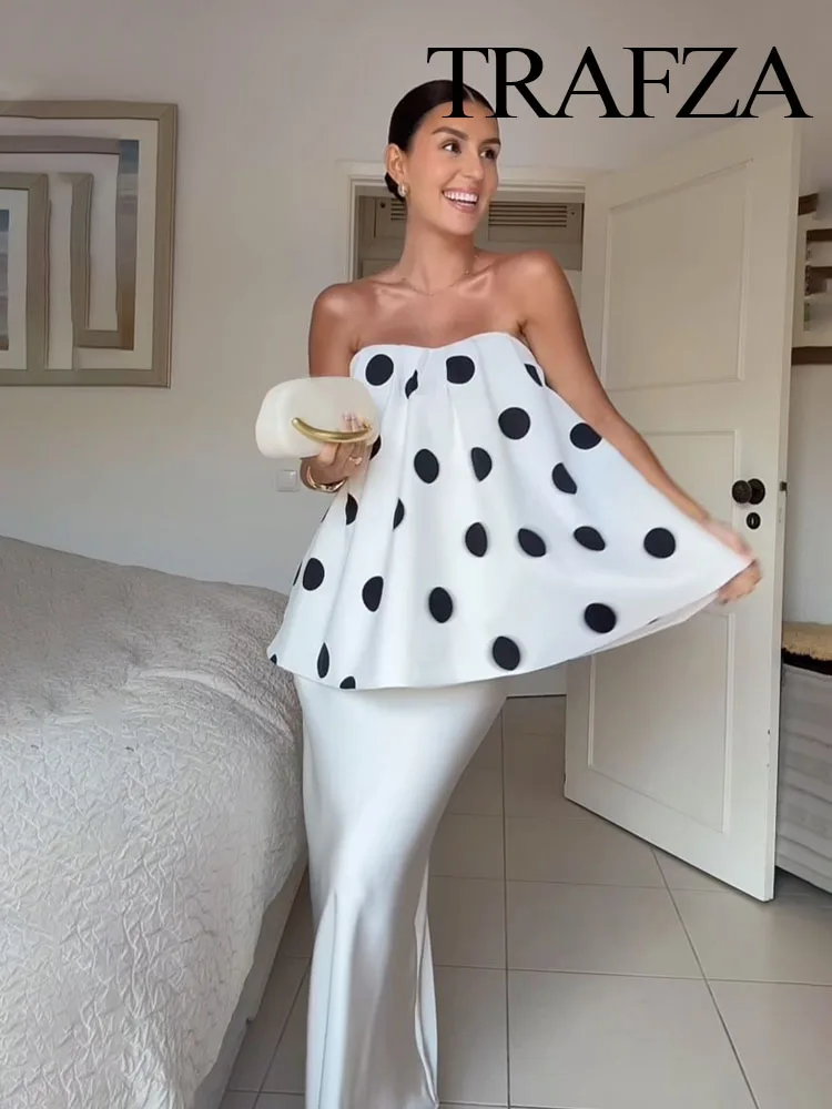 

TRAFZA Fashion Women Polka Dot Printed Pleated Decoration Sleeveless Backless Top+High Waist Flare Trousers Summer 2-Piece Set