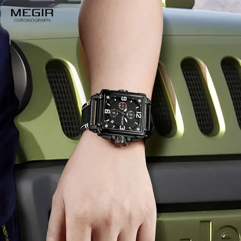 MEGIR jam tangan kronograf untuk pria, arloji olahraga Tentara kulit persegi Quartz Stop Watch jam tangan pria Relogios Masculino 2061 hitam