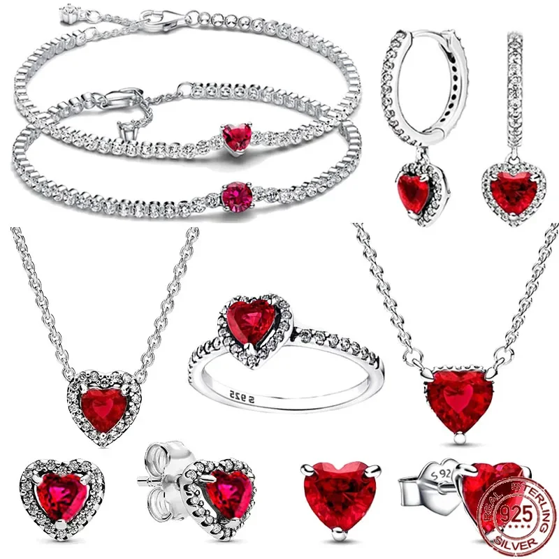 

Hot Selling 925 Sterling Silver Classic Shiny Red Heart-shaped Series Jewelry Earrings Bracelets Necklaces fit DIY Party Gifts