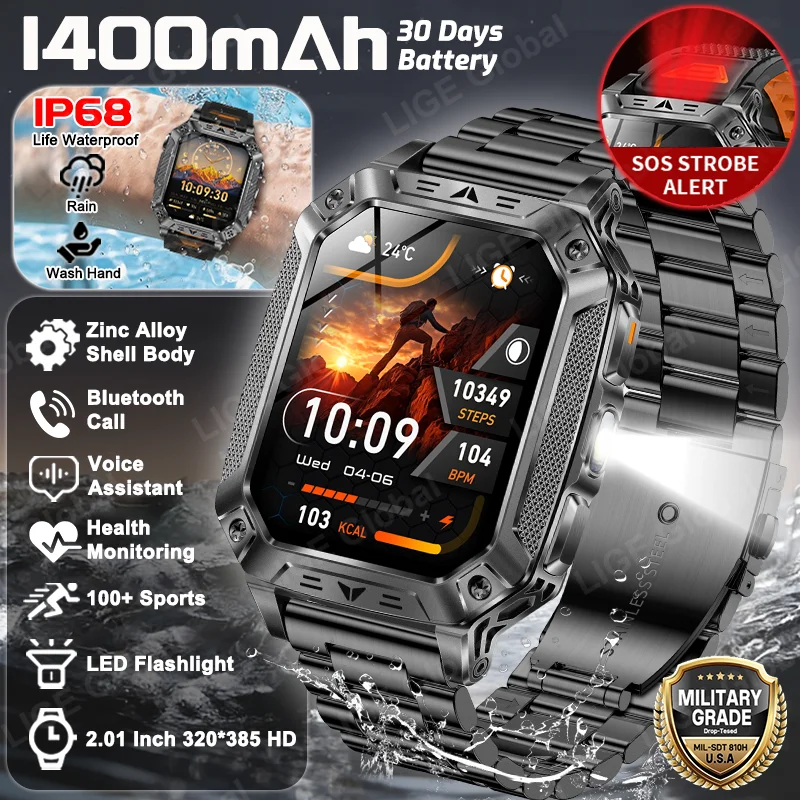 

Смарт-часы LIGE Military с аккумулятором 1400 мАч, мужские, для фитнеса, с отслеживанием активности, водонепроницаемые IP68, тактические, спортивные, с фонариком, мужские смарт-часы-телефон