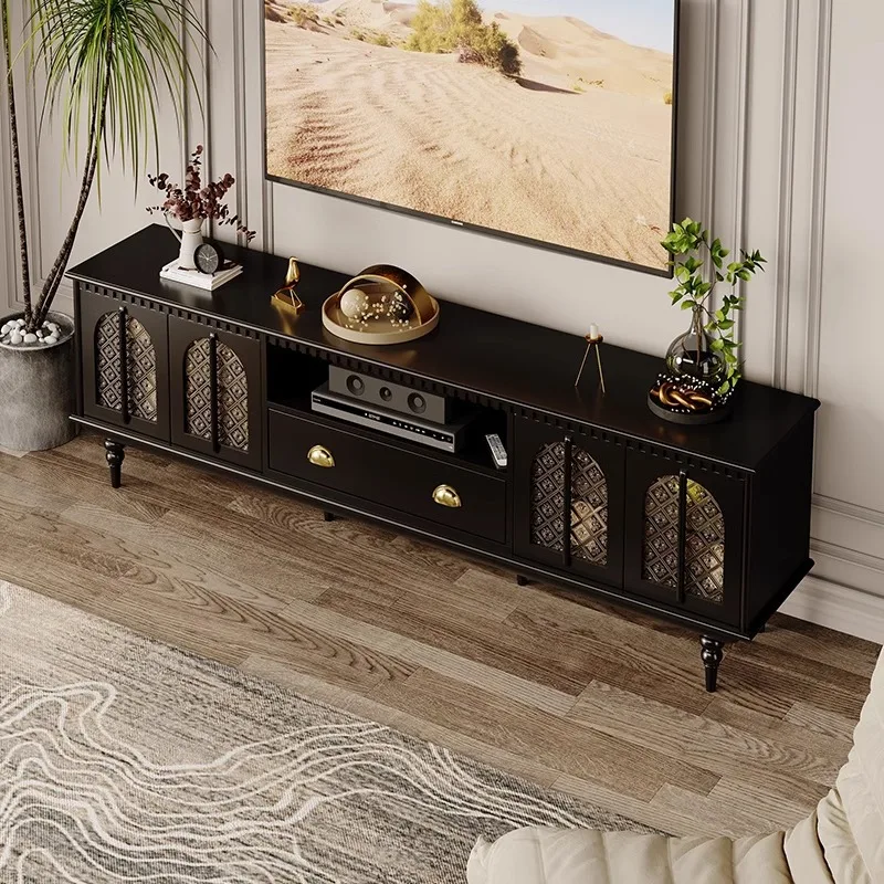 

French retro solid wood TV cabinet home living room wall glass with sensor light black art light luxury audio-visual