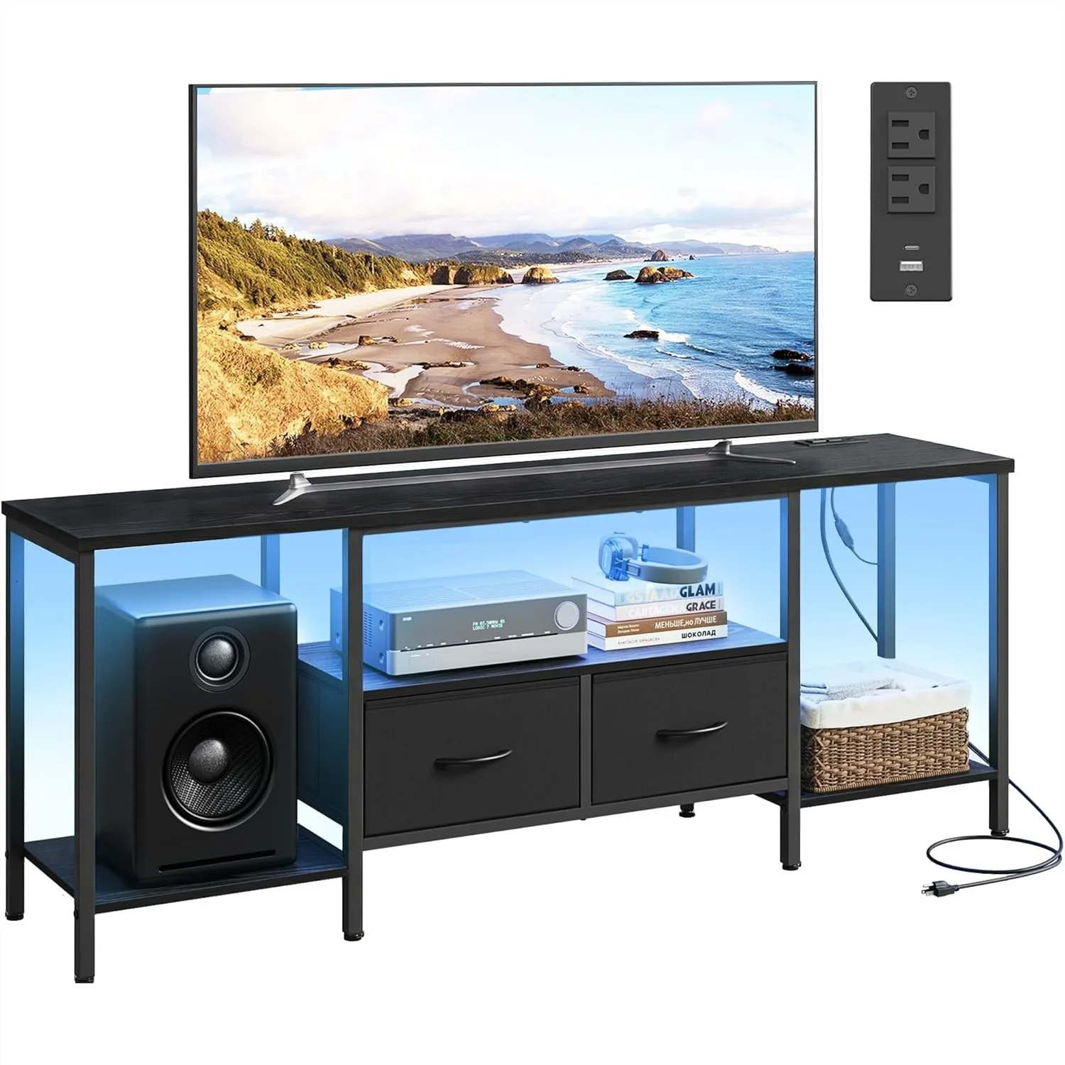 

TV Stand with Power Outlets and Lights, Entertainment Center for TVs Up to 70 Inches, Modern Media Console with Shelves and