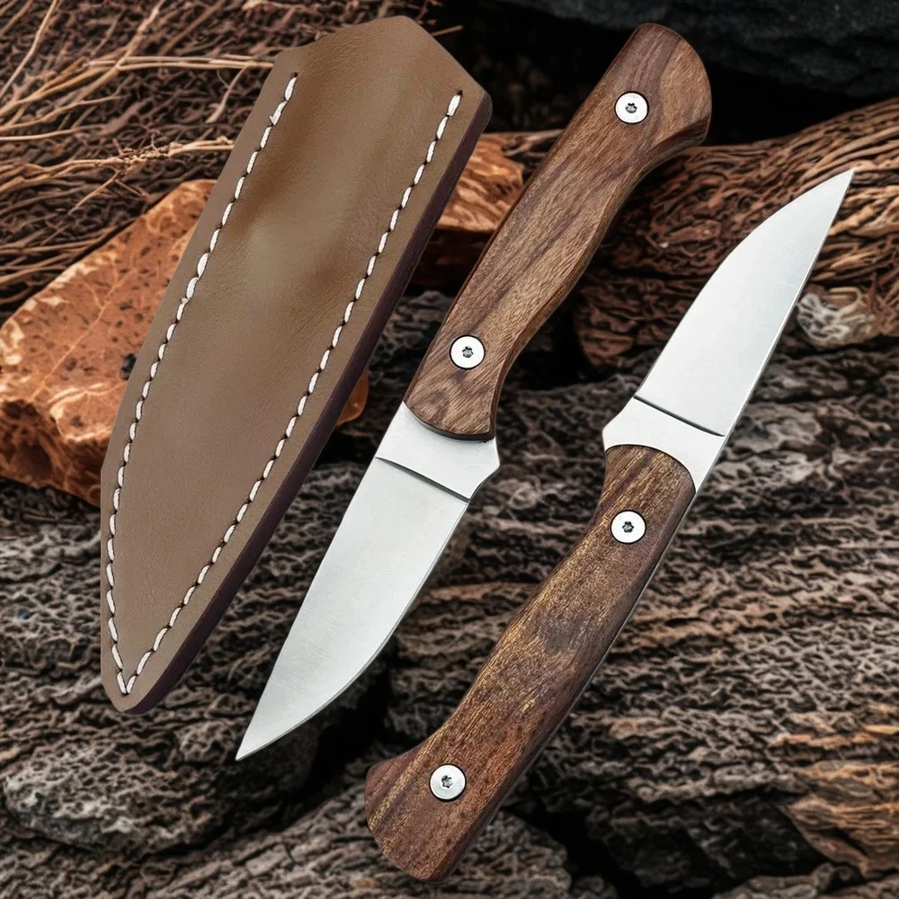 

High-Hardness Hunting Fixed Blade Knife 8Cr13MoV Steel Blade Huanghuali Wood Handle Outdoor Camping Fishing EDC Tool with Sheath