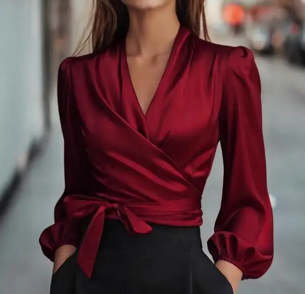 Effen kleur V-hals vetersluiting slim fit premium satijnen chiffon shirt voor dames, elegant en lantaarnmouwen woon-werkverkeer chiffon shirt