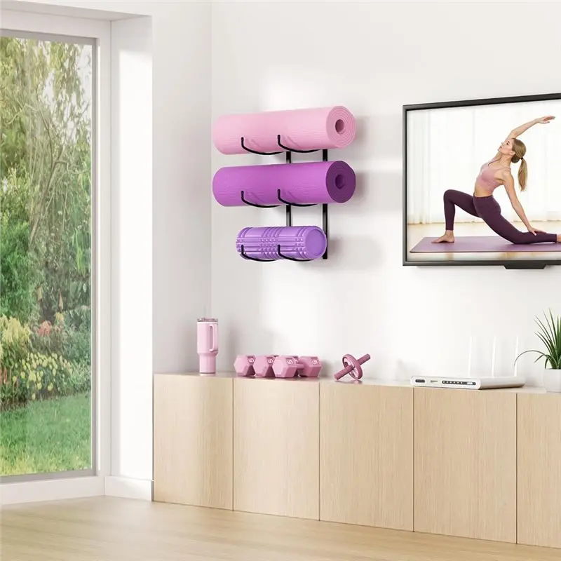 Support mural pour tapis de yoga, support de rangement à 3 niveaux pour accessoires de yoga, rouleau en mousse, bloc, pour organiser les tapis de yoga