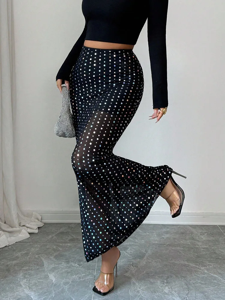 Women Skirt Spring Summer Dot Print High-Waist Bodycon Midi Length Sequin Mesh Layers Vacation Date Nights Faldas Female SK098