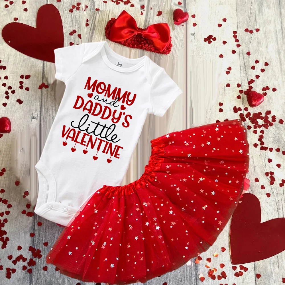 Mommy and Daddy Little Valentine's Day Printed Baby Bodysuit Dress Set Infant Valentine Party Girls  Holiday Romper Tutu Skirt