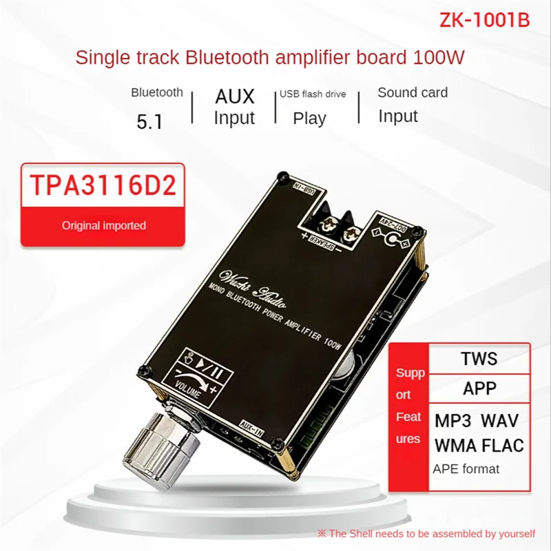 Mono Bluetooth Amplificador de Áudio Board com TWS Box Função, Módulo de Áudio Estéreo, TPA3116D2, BT5.1, DC 7-24V, ZK-1001B, 100W