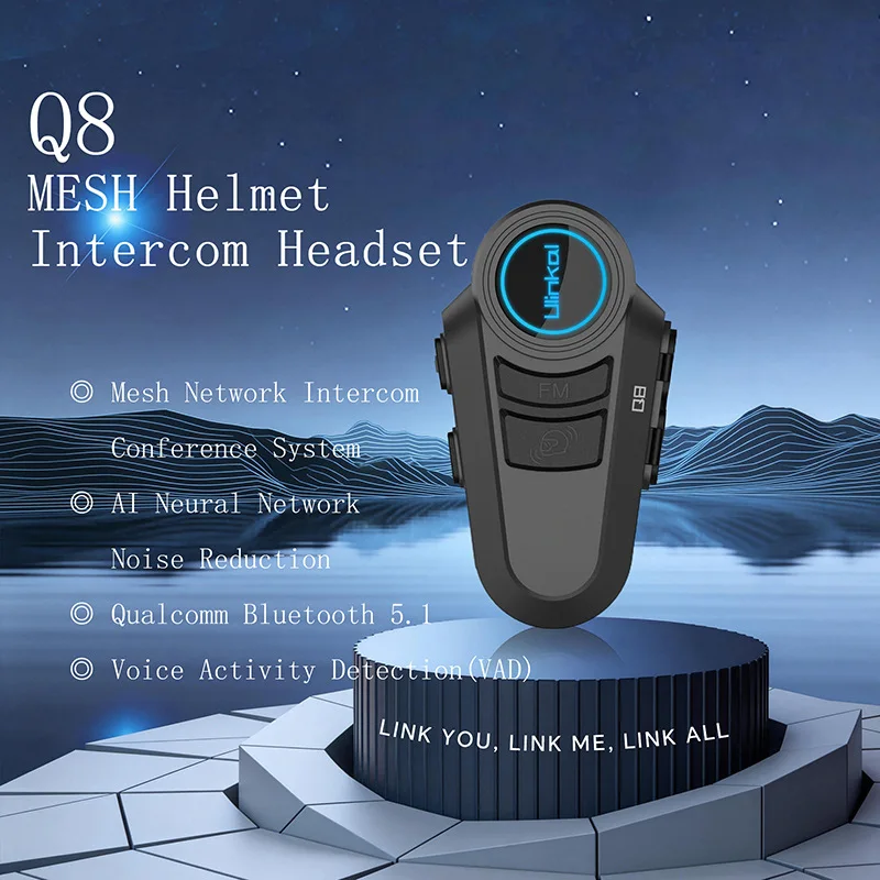 

ULINKAL Q8 Motorcycle Helmet Intercom Bluetooth Headsets 5.0 For 24 Riders 3000M Interphone Music Sharing FM IP67 Waterproof