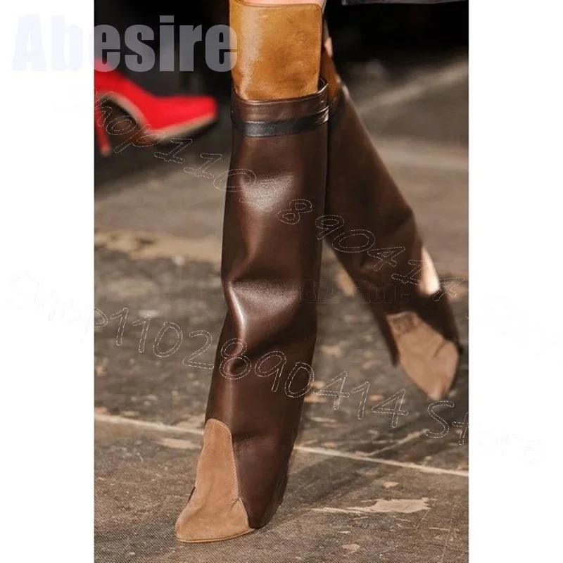 

Brown Patchwork Wedges Heel Runway Boots Slip On Women Shoes Pointed Toe Fashion Party Banquet Dating 2025 Zapatos Para Mujere