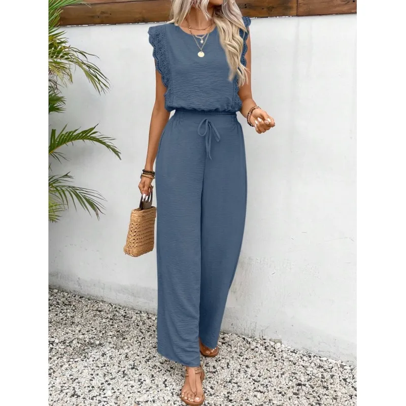 2025 verão calças de cor sólida conjuntos de duas peças feminino em torno do pescoço renda emenda voar manga calças senhoras terno para mulher deslocamento