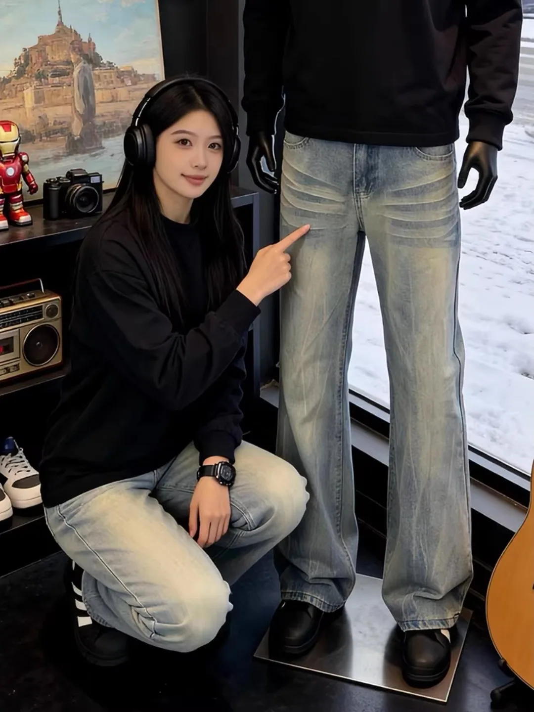 

Blue Lightning Pattern Straight Leg Men's Jeans Spring American Retro Vibe CleanFit Flared Knife Casual Comfortable