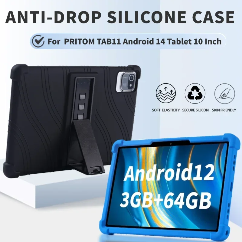 For PRITOM TAB11 Android 14 Tablet, 10 Inch Shockproof Cover Android 13 Tablet Kids Soft Silicon Stand Protective Shell