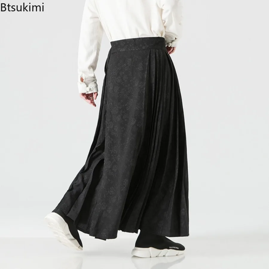 2024 Trend Streetwear Chinese Style Men's Print Skirt Pants Vintage Pleated Loose Trousers Casual Oversized Wide-leg Pants Male