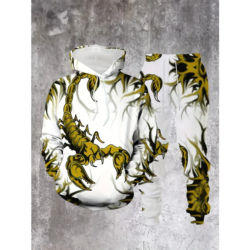 Masculino 3D Branco Tigre Escorpião Impresso Moda Sportswear Primavera e Outono Casual Calças Com Capuz Conjunto de Duas Peças