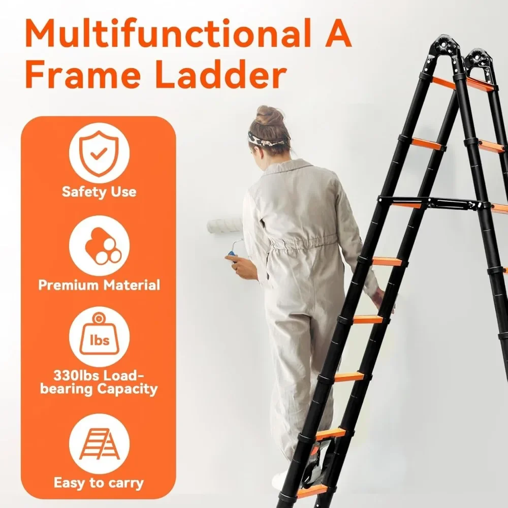 A Type Telescoping Ladder, Lightweight Extension Ladder w/Triangle Stabilizers, Stabilizer Bar & Movable Wheels