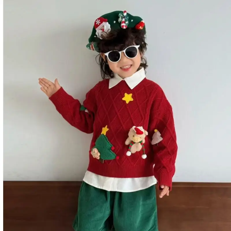 Kawaii نمط جديد أزياء عيد الميلاد سترة للجنسين طالب الخريف والشتاء الكرتون عارضة تريكو قمم ملابس الأطفال #5