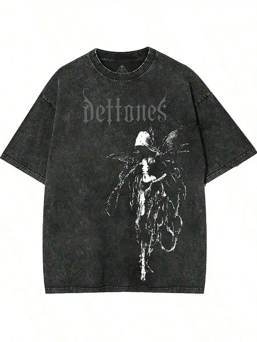 

Retro Washed Cotton Tee With Band Graphic Loose Fit Gothic Punk Grunge Y2K Streetwear