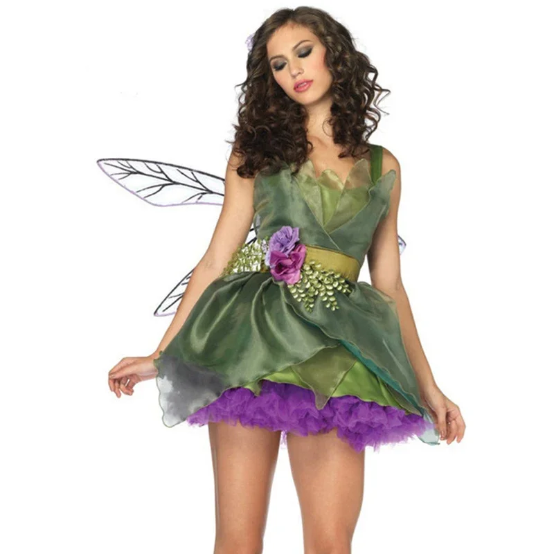 Carnival Halloween Lady Green Tinker Fairy Costume Forest Elves With Wing Roleplay Cosplay Birthday Fancy Party Dress