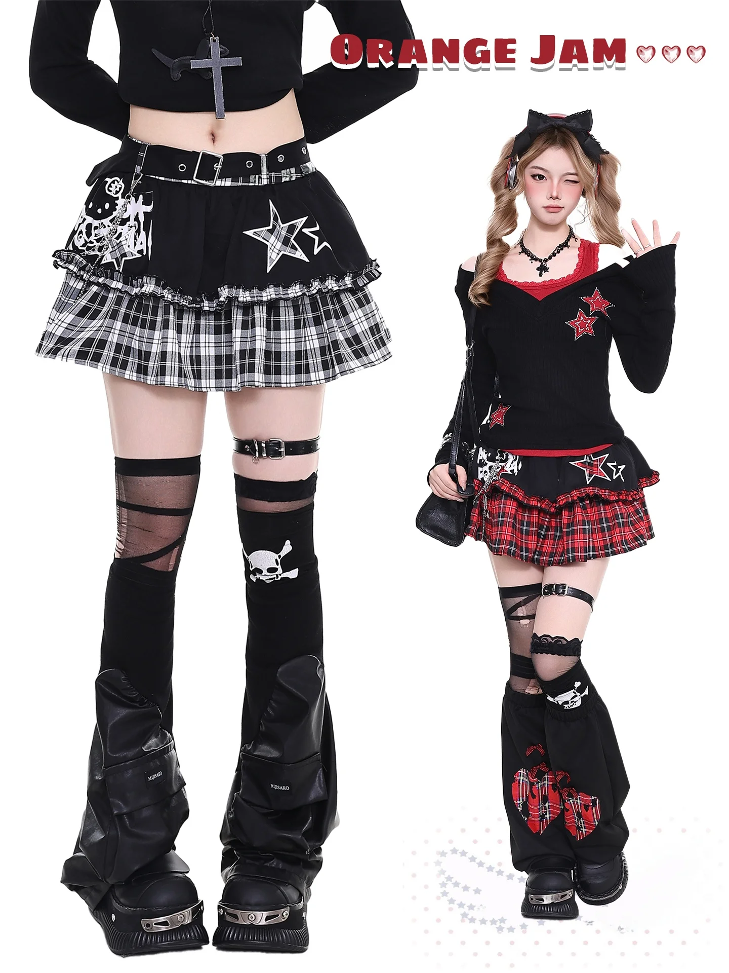 

Orange Marmalade YO Subculture Retro Plaid Patchwork A-Line Slim Y2K Light ort Skirt Puffy Skirt High Waist Cake Skirt