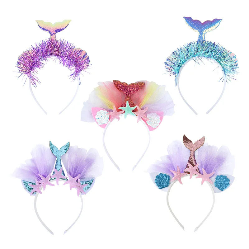 1PC Mermaid Tail Headband Starfish Shell Glitter Tinsel Hair Hoop For Mermaid Themed Party Birthday Party Cosplay Hair Accessory view 5