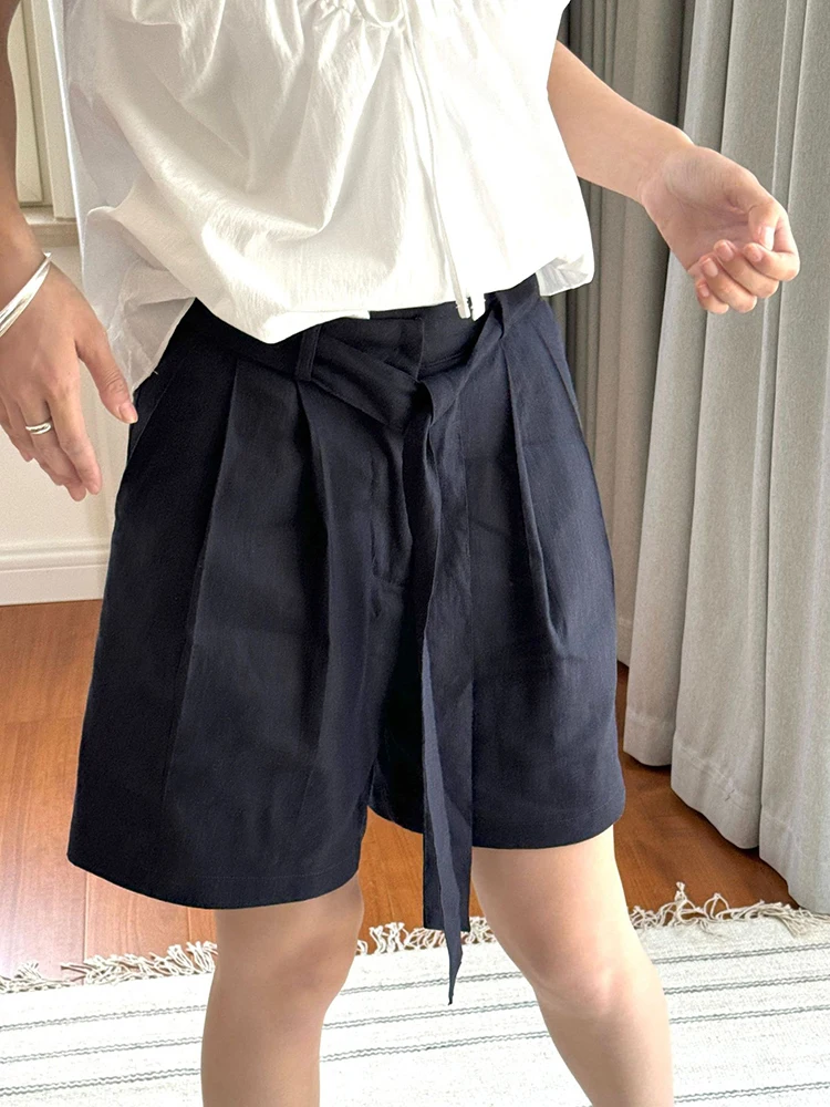 Fanan casual linho protetor solar shorts para mulheres cinto sólido reunido cintura reta roupas soltas moda feminina 2025 verão novo