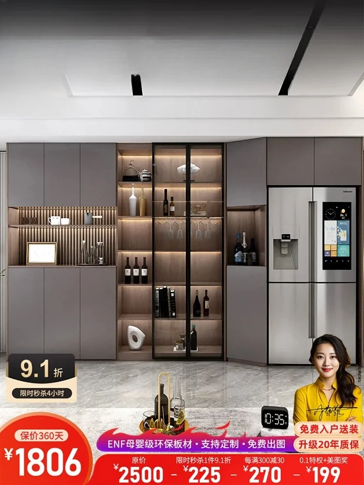 

ustom size customized living room TV cabinet next to the cabinet simple modern refrigerator integrated against the wall.