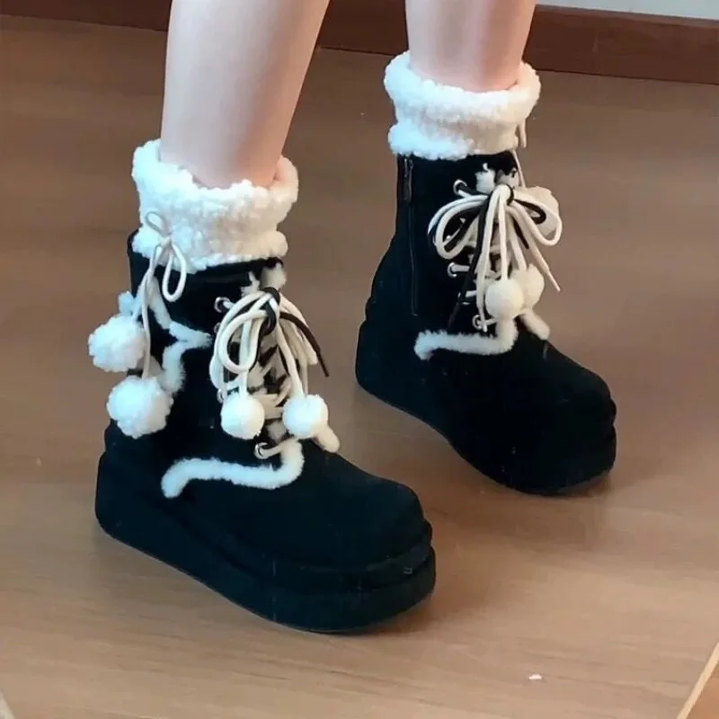 Thick Soled Snow Boots Women's Winter 2024 New Retro Lace Up Anti Slip Short Boots Thick Velvet Warm Cotton Shoes Botas Mujer