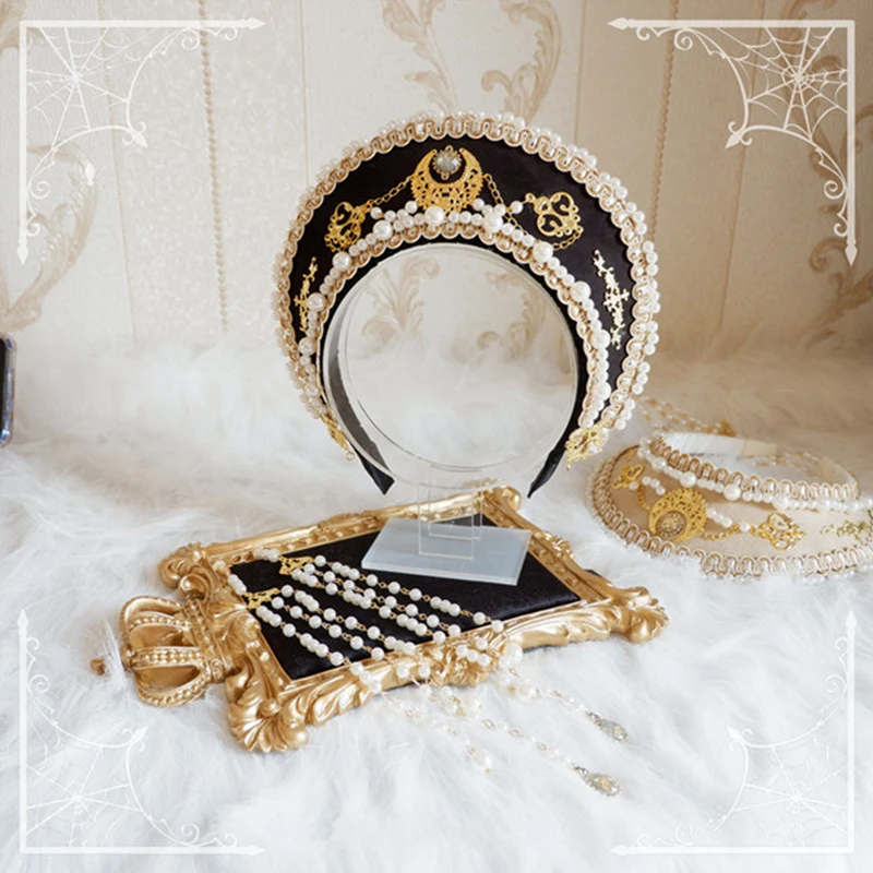 Hand-made Lolita Gothic KC Crown Palace Retro Gorgeous Bead Chain Tiara Renaissance Headband Vintage Baroque Hat Hair Ornaments