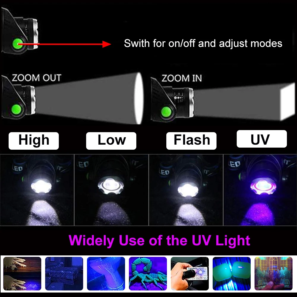 Faro LED UV 2 en 1, luz violeta con zoom, 395nm, 4 modos, para caza, Camping y escalada