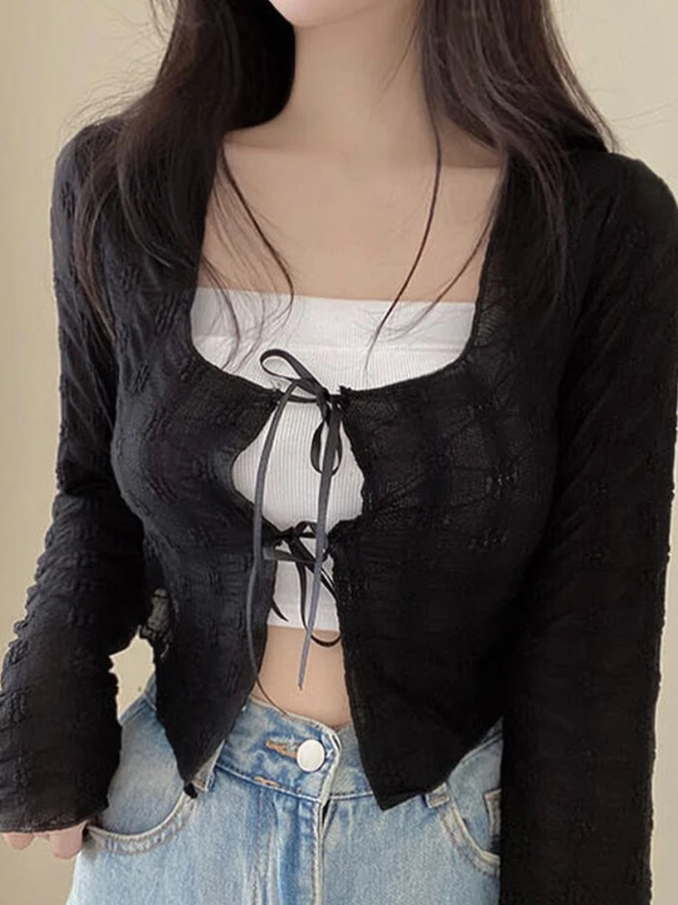 

Korean Sle ort Lace Open Cardigan Women's Sweet Tie Waist Thin Long Sve Transparent Sle Loose Fit Commute Faion