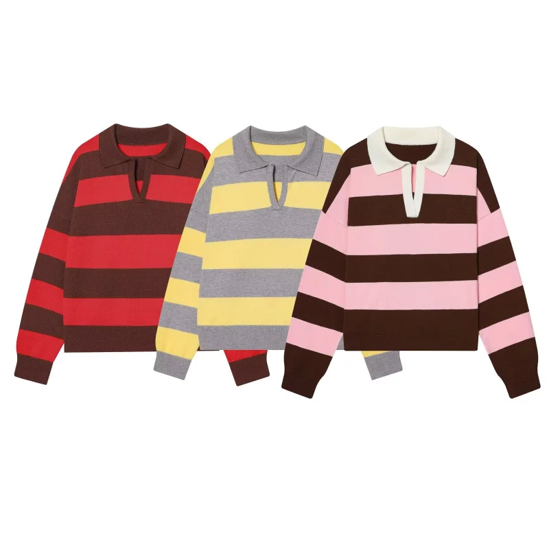 

Autumn women's new line street style fashion yellow wide stripe polo 2025 neck loose version of long-sleeved sweater