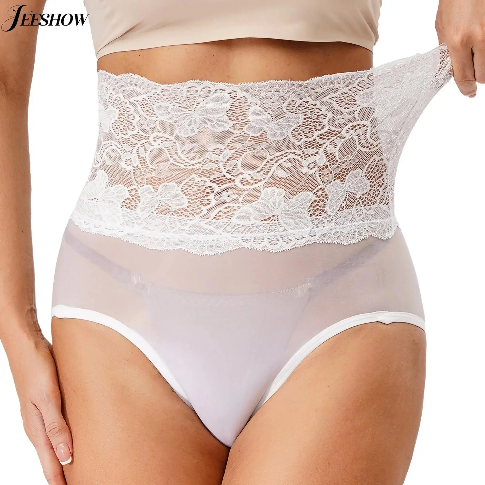

Womens Sexy See Through High Waist Briefs Glossy Stretchy Floral Lace Patchwork Panties Honeymoon Dating Night Underwear