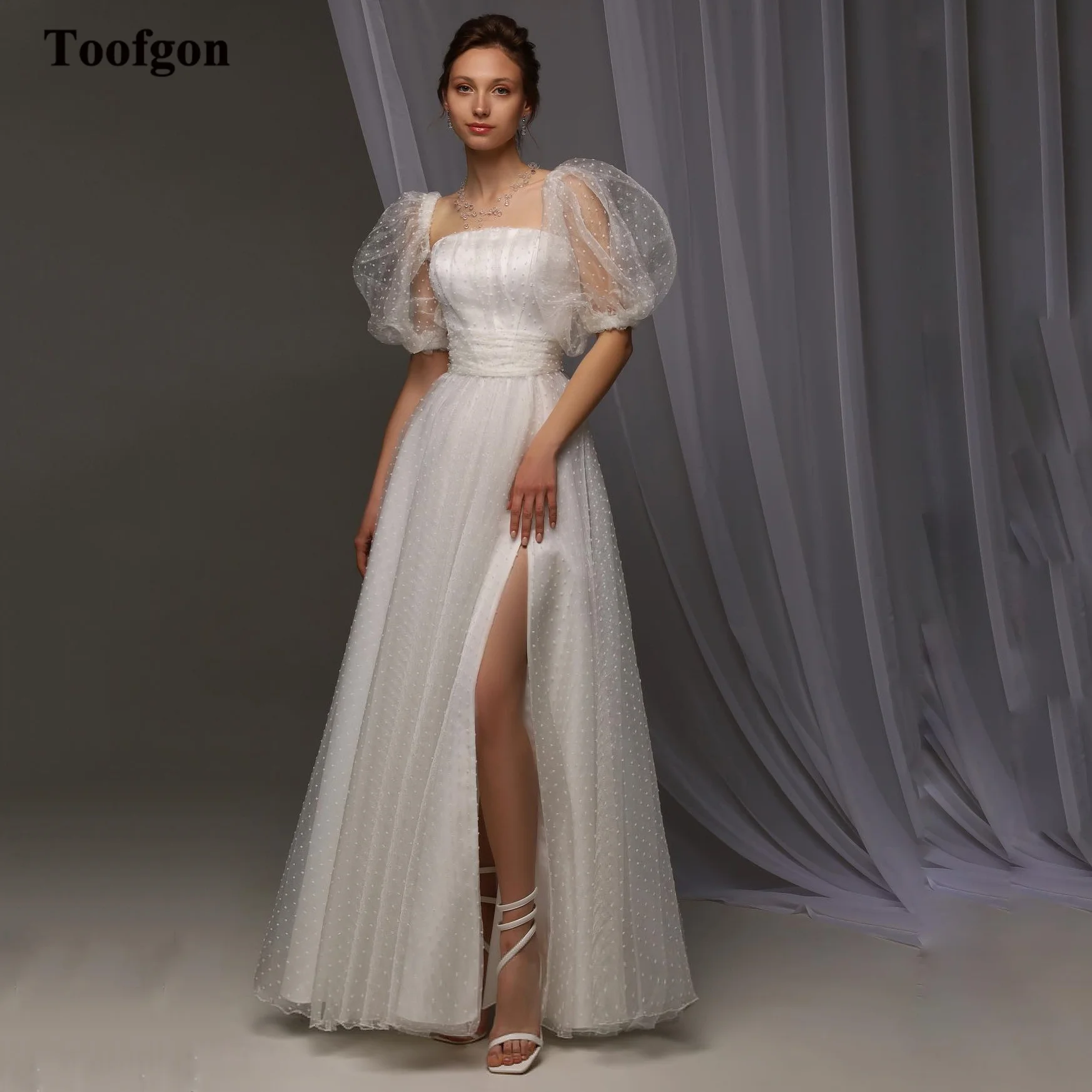 

Toofgon Polka Dotted Tulle Wedding Dresses Detachable Half Sleeves Bridal Gowns Corset Back Slit Side Formal Party Bride Dress