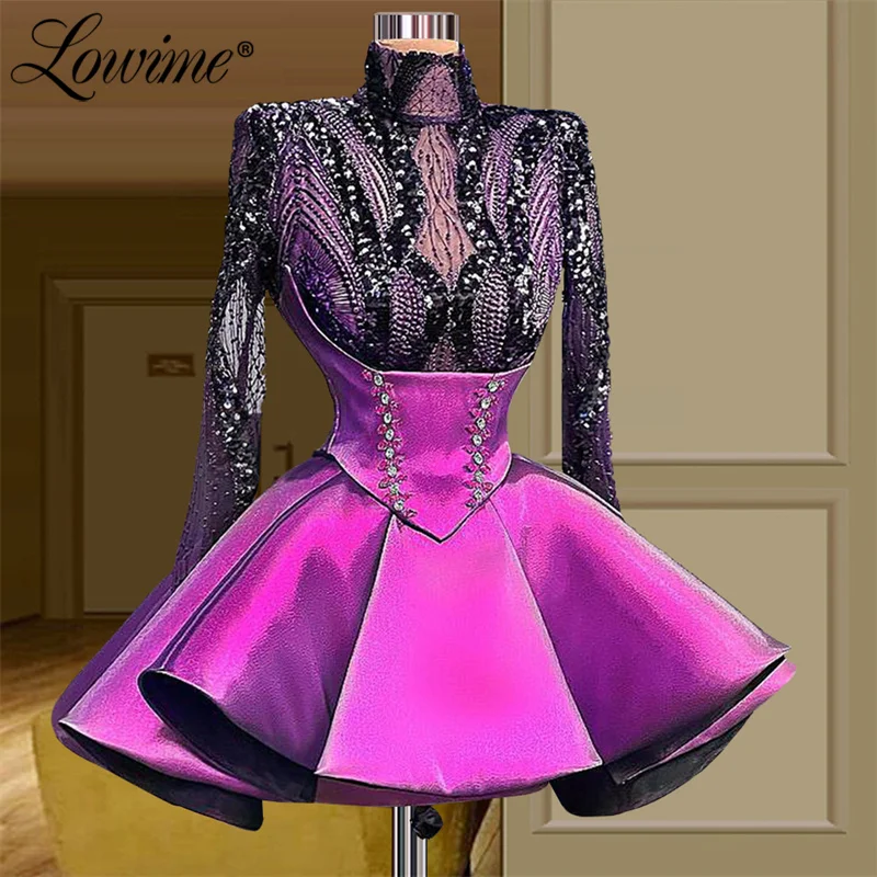 Lowime Dark Purple Puff Party Dresses Long Sleeve Women Evening Gown 2022 Modern Customize Plus Size Prom Dress Cocktail Dresses