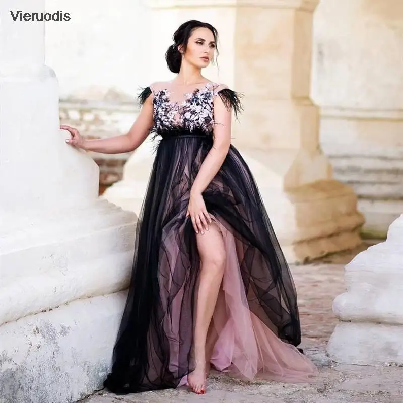 

Black Tulle Evening Dresses A-Line Sheer Neck Feathers Sleeve Appliques Elegant Party Prom Gowns Floor Length Custom Made