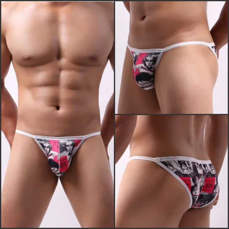 Men's Underwear Sexy Thongs G String Low-Rise Cartoon Printing Underpants Breathable U Convex High-Fork Panties Jockstrap String