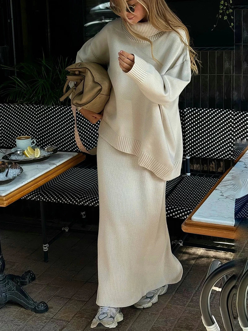 

Autumn Winter Women Knitwear Set 2 Piece Fashion Cotton Knitted Turtleneck Pullover Sweater and Casual Long Skirt Lady Outfits