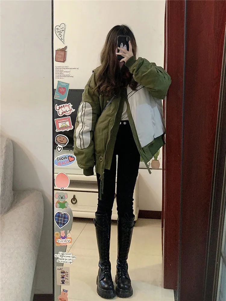 American Fashion Brand Baseball Jacket Cotton Bomber Coat Women's Winter Color Contrast Splicing Design Loose Clothes