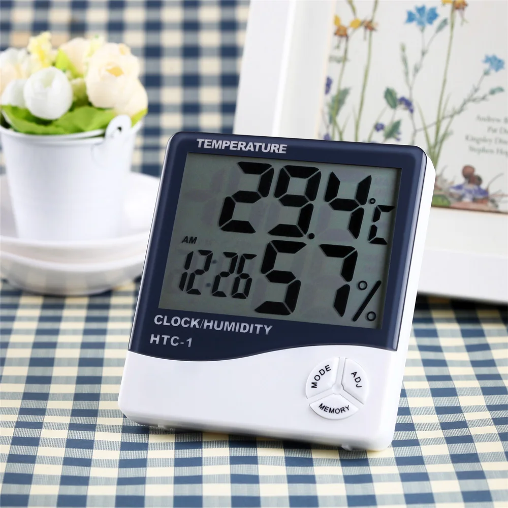 LCD Electronic Digital Temperature Humidity Meter Indoor Outdoor Thermometer Hygrometer Weather Station Clock HTC-1 HTC-2