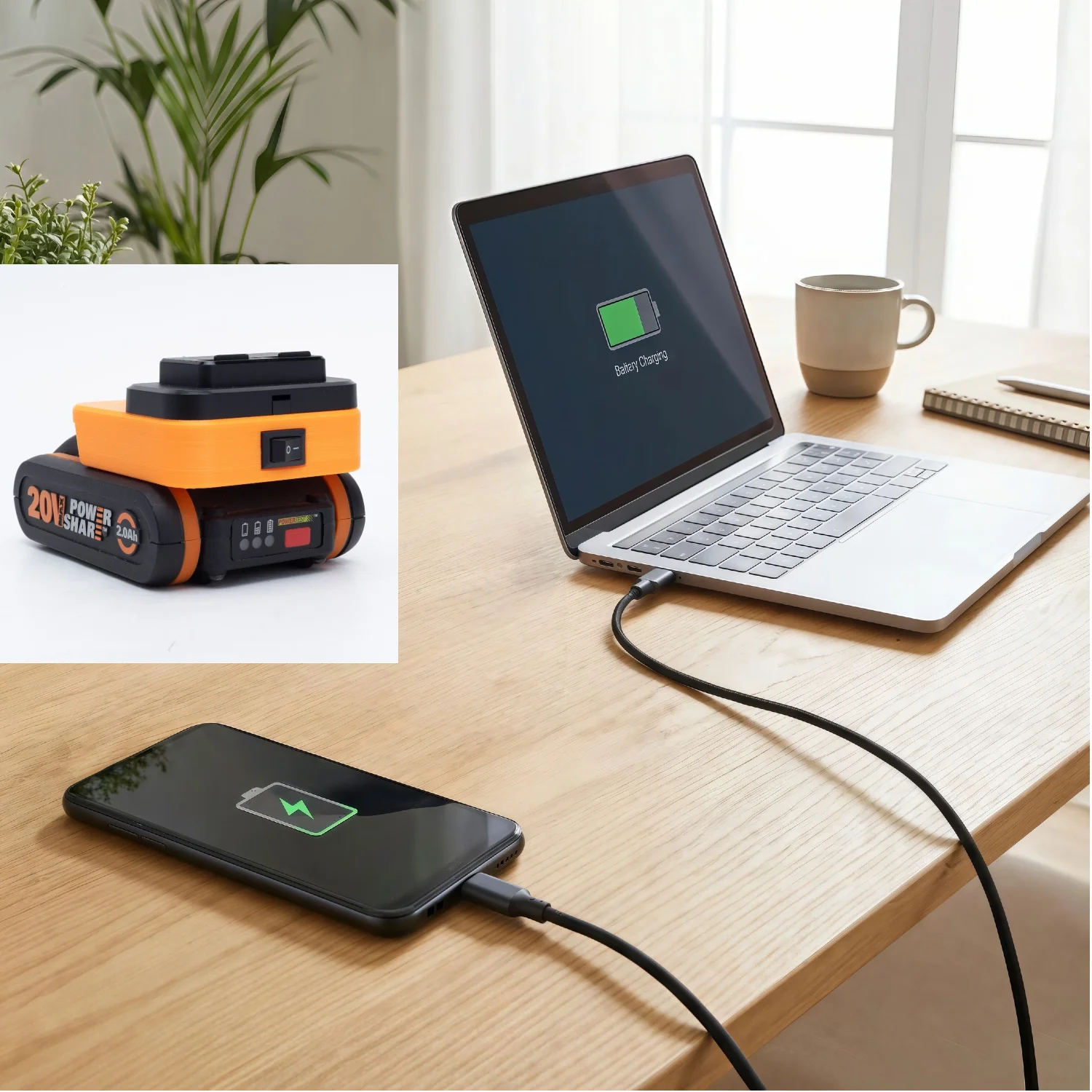 

Portable Mobile Power Bank for WORX 20V 4 PIN Lithium Battery W/USB Type-C Output Holder Fast Charging(NO Battery)