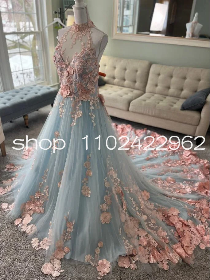 Pink and Blue 3D floral  Wedding dresses princess fairytale garden outdoor bridal gown outfit customsized 2025