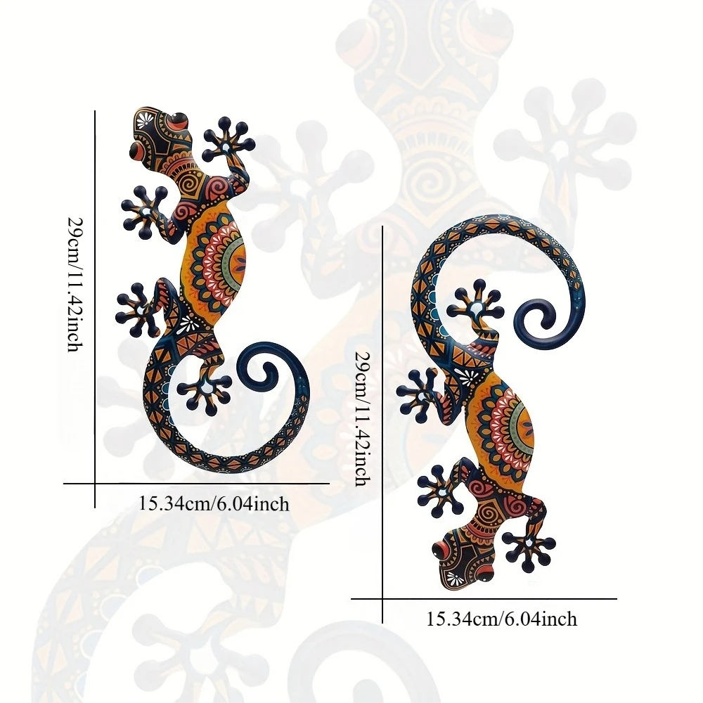 2pcs Metal Lizard Gecko Wall Art Set - Outdoor/Indoor Hanging Decor with Vibrant Tribal Patterns, Fence, Or Home Decoration