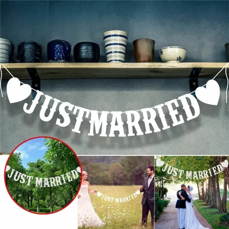 Vintage Pull Flag Bunting Set Just Married Wedding Banner mit Blumenakzenten Brautparty Dekor Photo Booth Requisiten