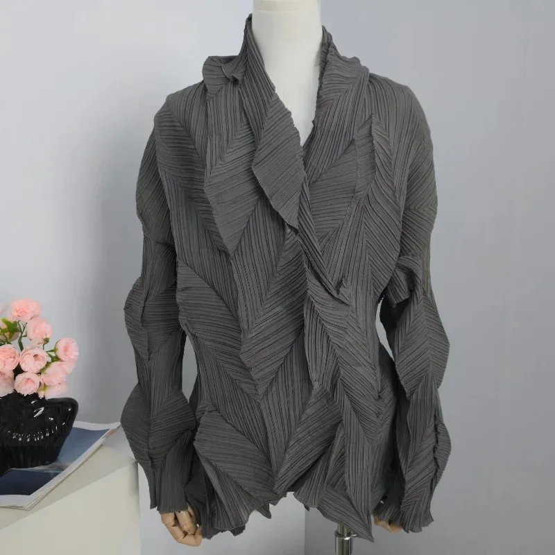 Miyake Pleated Niche Irregular Pleated Jacket Spring Summer New Unique Chic Outerwear Long Sleeve Solid Color Top for Women image 4